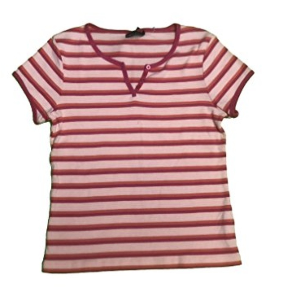New Bossini Short Sleeve Stripe Top‎ Large Vneck Tee T-Shirt Pink